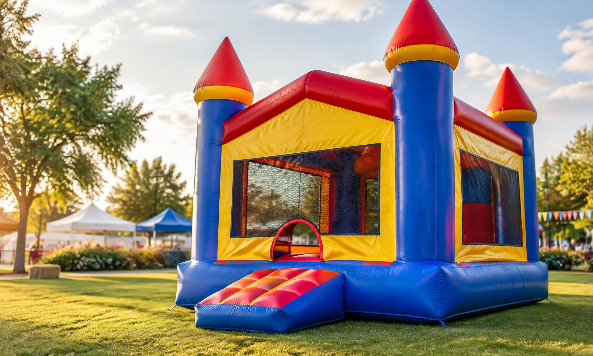 A colorful castle bounce house set up on a lawn at a community fair
